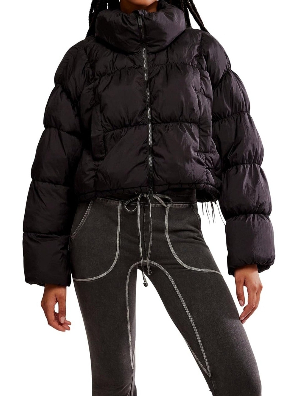 Free People Black Cropped Puffer Jacket with High Collar- Size LARGE - NWT